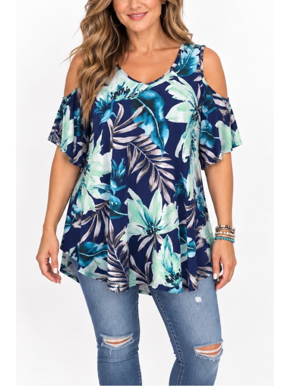 Cold Shoulder light & dark blue floral print top
